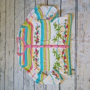 Just B Blue Green Pink Beaded Floral Pineapple Cotton Blend Cardigan Sweater L